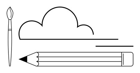 Paintbrush, pencil, and cloud line art portraying artistic creation, imagination, and sketching. Ideal for art, creativity, design education innovation brainstorming minimalism. Simple flatのイラスト素材
