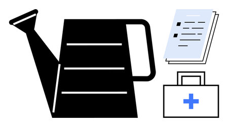 Watering can, medical kit with cross, and stack of documents suggesting health, growth, responsibility, and support. Ideal for health, growth, management planning self-care teamwork simple flatのイラスト素材