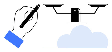 Hand holding pen creating balanced scale over cloud, signifying fairness, decisions, innovation. Ideal for justice, creativity, equality, cloud technology law design impartiality. Simple flatのイラスト素材