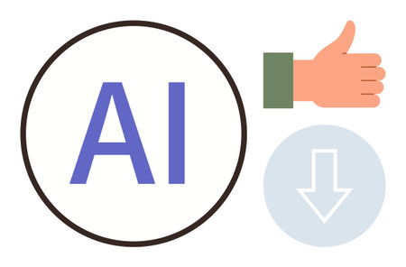 AI text in bold circle, thumbs-up approval gesture, and down-pointing arrow. Ideal for technology, innovation, automation, feedback, decision-making usability and progress themes. Simple flatのイラスト素材