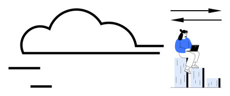 Woman seated on data bars using laptop, cloud above and arrows signifying transfer or progress. Ideal for technology, cloud computing, data analysis, remote work, growth, innovation, simple flatのイラスト素材