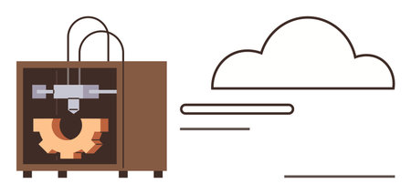 3D printer producing gear under abstract cloud motif suggesting innovation, digitalization, manufacturing, progress, automation, cloud storage, and industry. Ideal for modern tech, simple flatのイラスト素材