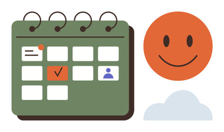 Calendar with marked events, cheerful orange happy face, and soft cloud highlighting themes thumbs up time management, scheduling, goal tracking, motivation, positivity, productivity. Idealのイラスト素材