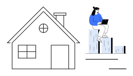 Woman using laptop while seated on column-style bar graph. Large house outline symbolizes home. Ideal for remote work, data, real estate, growth, analysis, home office productivity. Simple flatのイラスト素材