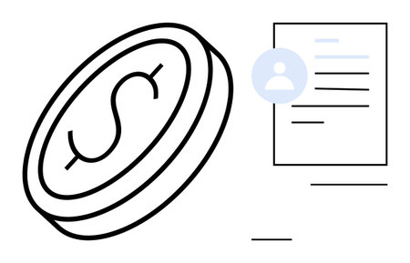 Coin with dollar sign and document featuring profile icon and text lines. Ideal for finance, payment, economy, budgeting, business, money management, simple flat metaphorのイラスト素材