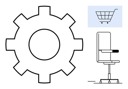 Large gear with minimalistic shopping cart and office chair, emphasizing functionality, business, workflow. Ideal for productivity, commerce, technology, workplace, organization management economyのイラスト素材
