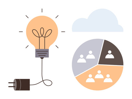 Lightbulb with plug, cloud, and segmented pie chart of people highlight teamwork, innovation, and connectivity. Ideal for concepts thumbs up energy, teamwork, cloud computing, brainstorming dataのイラスト素材