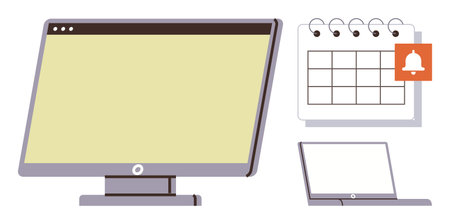 Desktop monitor, calendar with notification bell, and laptop representing productivity, planning, scheduling, reminders, organization, remote work and time management. Simple flat metaphorのイラスト素材