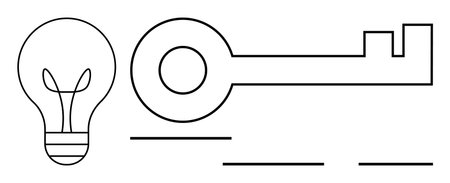 Lightbulb alongside key in modern outline style emphasizing idea generation, innovation, strategy. Ideal for creativity, inspiration, problem-solving, opportunity, access, minimalism simple flatのイラスト素材