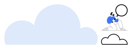 Man kneeling with magnifying glass examining cloud elements, symbolizing data analysis and cloud...