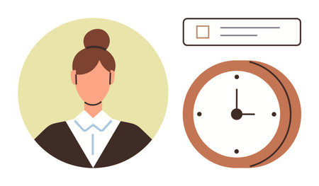 Female professional portrait next to a clock and a checklist. Ideal for time management, work-life balance, scheduling, productivity, deadlines, efficiency, organization. Simple flat metaphorのイラスト素材