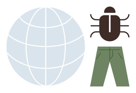 Globe reflecting connectivity, bug symbolizing environmental challenges, green pants signifying sustainability. Ideal for global awareness, ecology, nature, travel, clothing, environment simple flatのイラスト素材