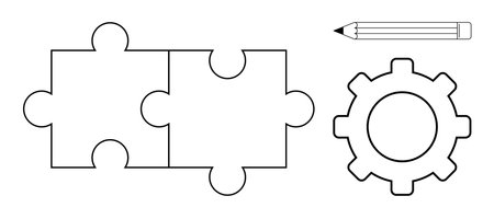 Two interlocking puzzle pieces, a gear, and a pencil symbolizing teamwork, creativity, innovation, planning, strategy, problem-solving and collaboration. Ideal for business education processのイラスト素材