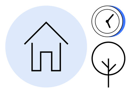 House outline inside a blue circle, tree with sleek lines, and clock icon with layered accents. Ideal for sustainability, work-life balance, minimalism, time management, urban planning, home designのイラスト素材