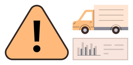 Warning icon next to delivery truck and bar chart signifying supply chain issues, monitoring, risk management, and business logistics. Ideal for shipping, analytics, transport safety, businessのイラスト素材