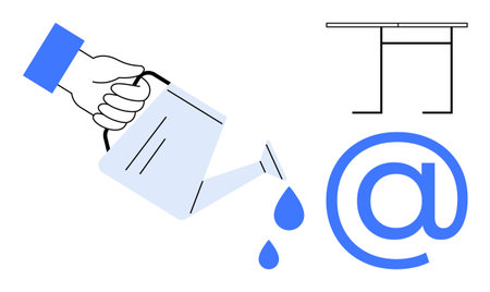 Hand holding watering can pouring water drops onto large email sign beside desk. Ideal for growth, communication, teamwork, networking, digital nurturing, idea cultivation, simple flat metaphorのイラスト素材
