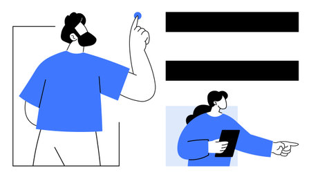 Two figures in blue engage in teamwork one gestures toward equality, the other points direction. Ideal for teamwork, leadership, decision-making, equality, planning, creativity communication. Simpleのイラスト素材