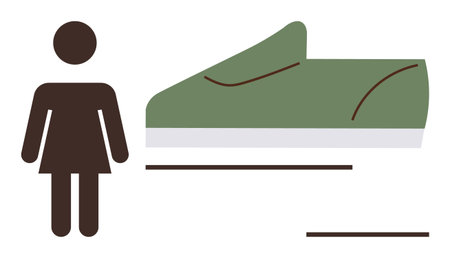 Minimalist female figure next to a green sneaker emphasizing size comparison, personal choice, footwear design. Ideal for fashion, retail, branding, size guide, shopping lifestyle simplicity. Aのイラスト素材