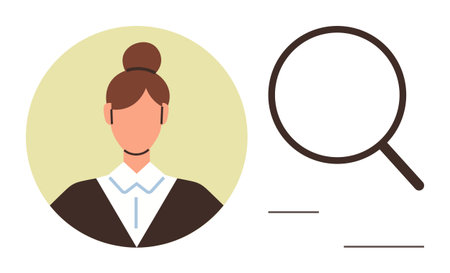 Female avatar with hair in bun, formal attire, next to outlined magnifying glass. Ideal for recruitment, job search, profile reviews, team management, HR tools talent search professionalism. Flatのイラスト素材