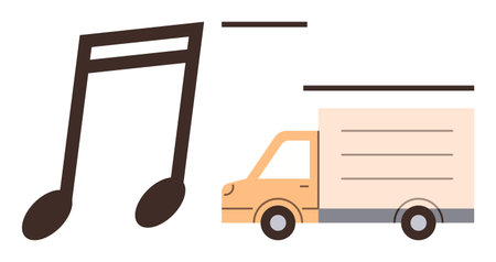 Large musical note next to a delivery truck, combining concepts of music distribution and mobile audio services. Ideal for music delivery, streaming, convenience, innovation, modern technologyのイラスト素材