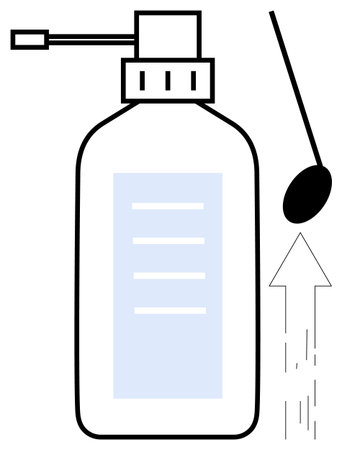 Bottle with pump dispensing liquid, droplet falling, and upward arrow representation. Ideal for hygiene, cleanliness, healthcare, handwashing, sanitation safety and daily life. Minimalist flatのイラスト素材