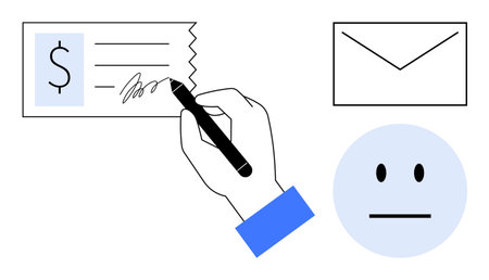 Hand signing a check with a pen, envelope nearby, neutral face icon. Ideal for finance, payments,...