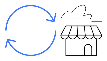 Blue arrows forming a circular loop next to a store with a striped roof and clouds above. Ideal for sustainability, eco-friendly business, recycling, circular economy, retail, environmentalのイラスト素材