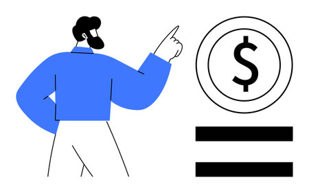 Man gesturing towards a dollar sign in a coin outline above an equality icon. Ideal for finance, equality, economy, budgeting, wealth distribution, corporate strategy, and economic balance. Cleanのイラスト素材