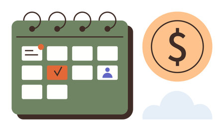 Calendar with event markers, a dollar coin, and a cloud. Ideal for planning, finance, time management, budgeting, productivity organization and goal-setting. Minimal flat metaphor designのイラスト素材