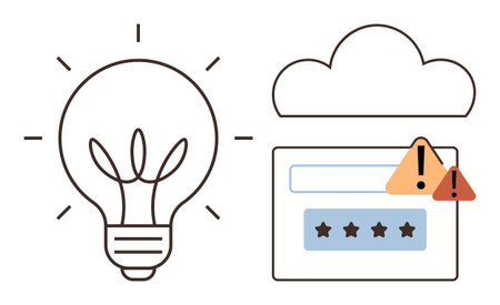 Lightbulb symbolizing ideas next to a cloud with a login interface and warning signs. Ideal for innovation, cybersecurity, online alert, data security, creativity, problem-solving, simple flatのイラスト素材