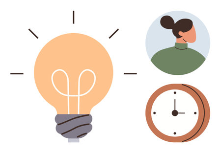 Lightbulb glowing for creativity, clock for time management, and female profile for individuality. Ideal for innovation, productivity, time tracking, personal growth, organization, brainstormingのイラスト素材