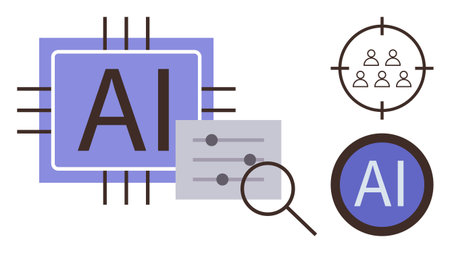 Purple microchip design labeled AI, adjustable slider panel, magnifier, and user data targets. Ideal for technology, machine learning, innovation, coding, automation research digital processesのイラスト素材