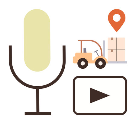 Microphone, forklift carrying boxes, location pin, and a play button representing logistics, shipping, audio communication, video media, technology e-commerce and customer guidance. Idealのイラスト素材
