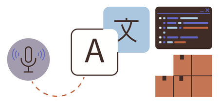 Microphone, language icons, coding interface, and boxes signify communication, AI, programming, logistics, translation automation and technology. Ideal for globalization tech tools and simpleのイラスト素材