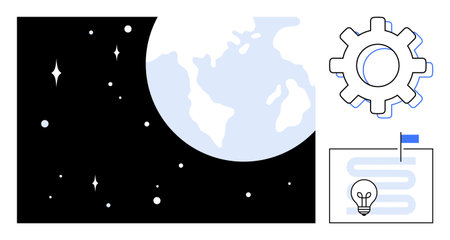 Earth in space with stars, gear symbolizing technology, idea-filled roadmap with flag. Ideal for innovation, space exploration, technology, strategy, planning, global initiatives future visionのイラスト素材