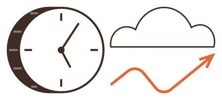 Clock with ticking hands, cloud outline, and rising arrow convey time management, technology trends, and growth. Ideal for productivity, innovation, analytics, cloud computing success businessのイラスト素材