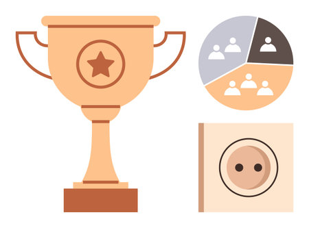 Golden trophy with star symbol, segmented team pie chart, and simple circular element. Ideal for achievement, teamwork, collaboration, competition, leadership, success motivation simple flatのイラスト素材