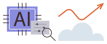 AI chip with controls, magnifying glass, cloud illustration, and an orange growth arrow. Ideal for AI, data analytics, technology growth, cloud innovation, machine learning business strategiesのイラスト素材