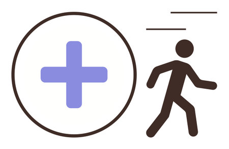 Simplistic figure walking toward a medical cross symbol with lines denoting motion. Ideal for healthcare, urgent care, emergency response, wellness, fitness, first aid, and public health themesのイラスト素材