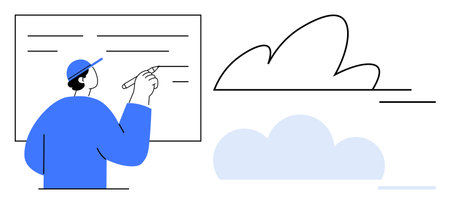 Man in a cap writing on a large board alongside abstract cloud elements. Ideal for brainstorming, education, collaboration, innovation, planning, cloud technology, digital creativity. Simple flatのイラスト素材