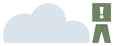 Minimalistic design featuring a blue cloud, an exclamation mark inside a square, and green pants....