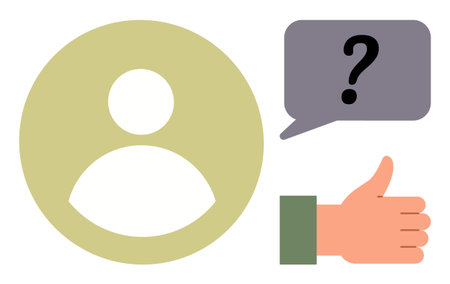 Profile icon adjacent to speech bubble featuring a question mark and a thumbs-up hand gesture. Ideal for feedback, user interaction, opinions, communication, inquiries, reviews, simple flat metaphorのイラスト素材