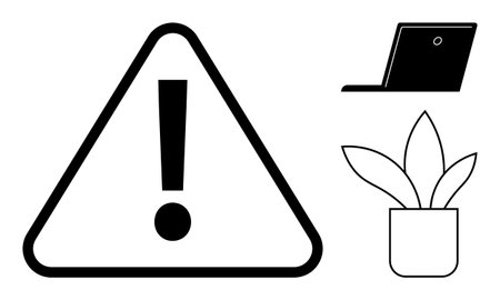 Exclamation mark in a triangle warning sign next to a laptop and potted plant. Ideal for workspace safety, cautionary advice, workplace alerts, productivity awareness, organization, mindfulnessのイラスト素材