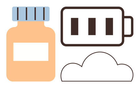 Medicine bottle, battery symbol with charging indicators, and a cloud representing health, energy, and innovation. Ideal for healthcare, rejuvenation, technology, sustainability vitality storageのイラスト素材