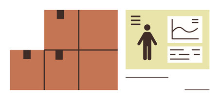 Stacked cardboard boxes beside a data analytics dashboard featuring charts and human icon. Ideal for logistics, inventory, supply chain, management, warehousing, shipping, tracking, simple flatのイラスト素材