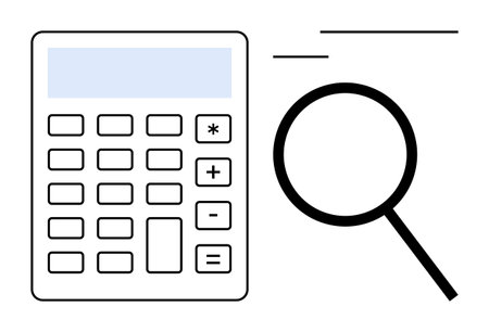 Calculator alongside magnifying glass emphasizing precision, calculation, and analysis. Ideal for finance, auditing, investigation, research, accounting education problem-solving. Simple flatのイラスト素材
