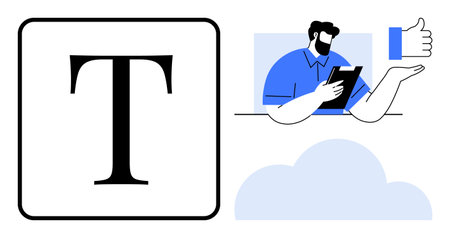 Text symbol, man with clipboard, thumbs-up hand, and cloud visual. Ideal for communication, feedback, collaboration, content creation productivity teamwork cloud computing. Simple flat metaphorのイラスト素材