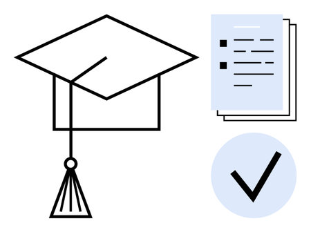 Graduation cap, papers with text and checkmarks, and a large tick mark. Ideal for education, academics, certification, achievement, success goal completion project approval. Simple flat metaphorのイラスト素材