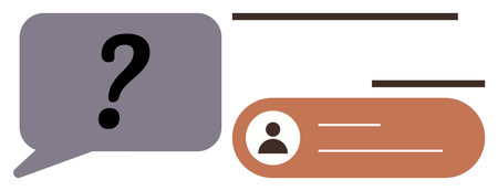 Question within speech bubble beside user profile card with text lines. Ideal for customer support, interaction, messaging, communication, queries, networking, forums. Simple flat metaphorのイラスト素材