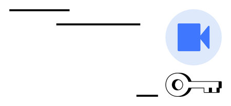 Blue video camera icon inside a circle next to a key symbol and minimalist lines. Ideal for digital security, encryption, media access, video conferencing, technology, privacy, simple flat metaphorのイラスト素材